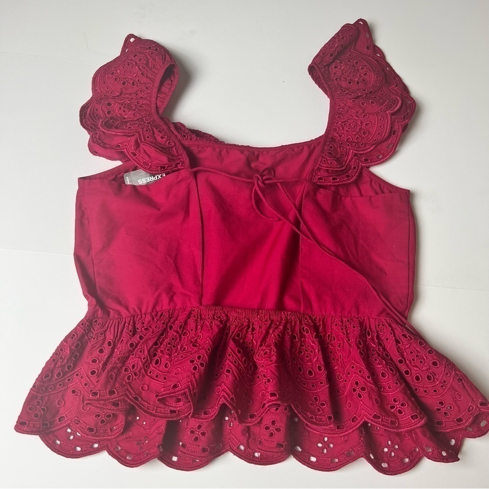 EXPRESS Open Back Eyelet ruffle Peplum Top in Gorgeous Pink Medium NWT - Picture 6 of 9